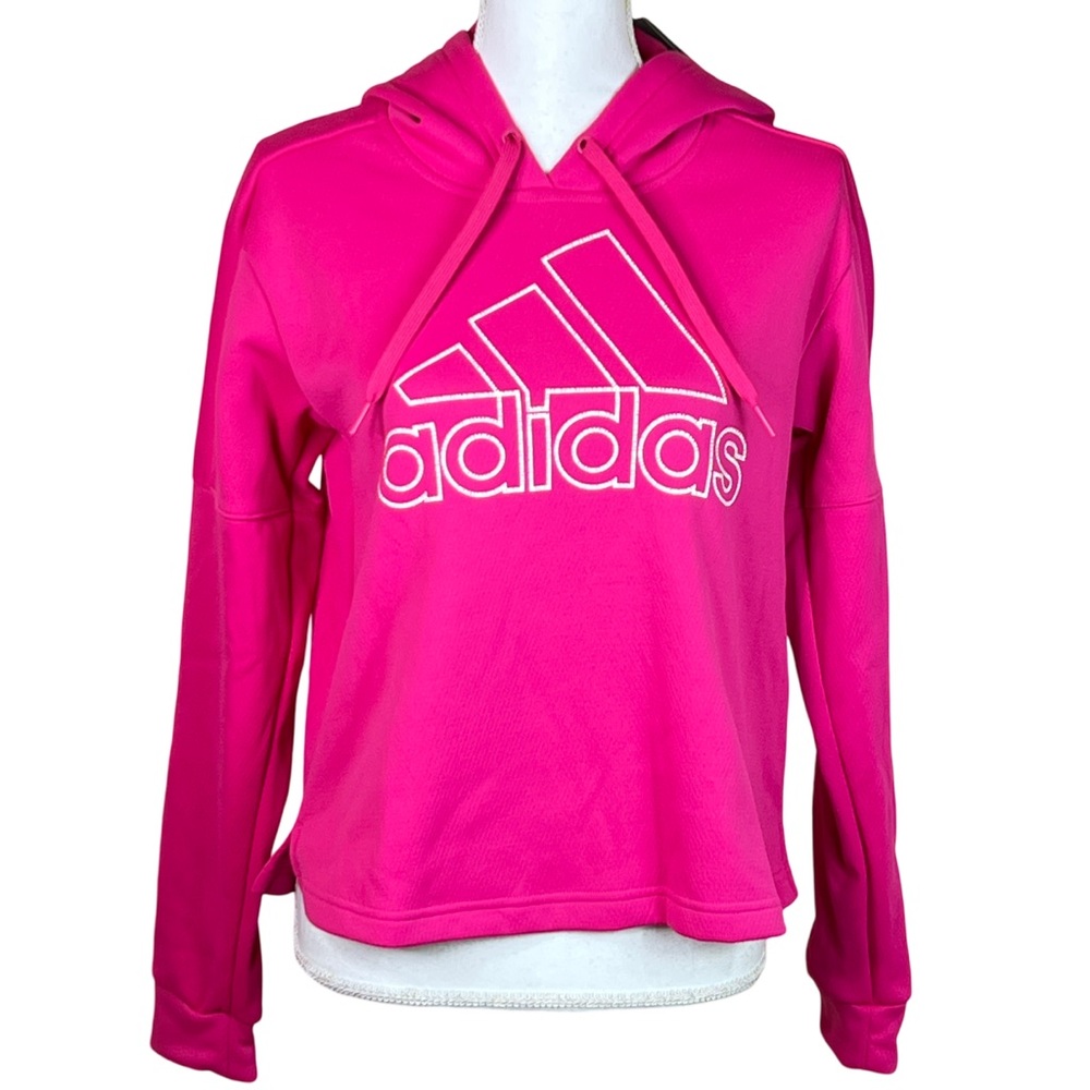 NWT Adidas Magenta Pink 3 Stripe Logo Graphic Drawstring Hoodie Sweatshirt NEW